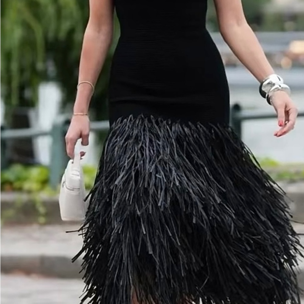 Chic Black Sleeveless Fringe Pencil Dress